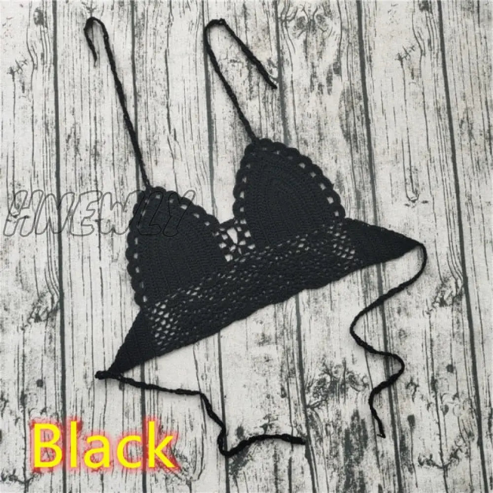 Handmade Crochet Lace Knit Bra Boho Beach Bikini Cami Tank Crop Top Halter Black / L