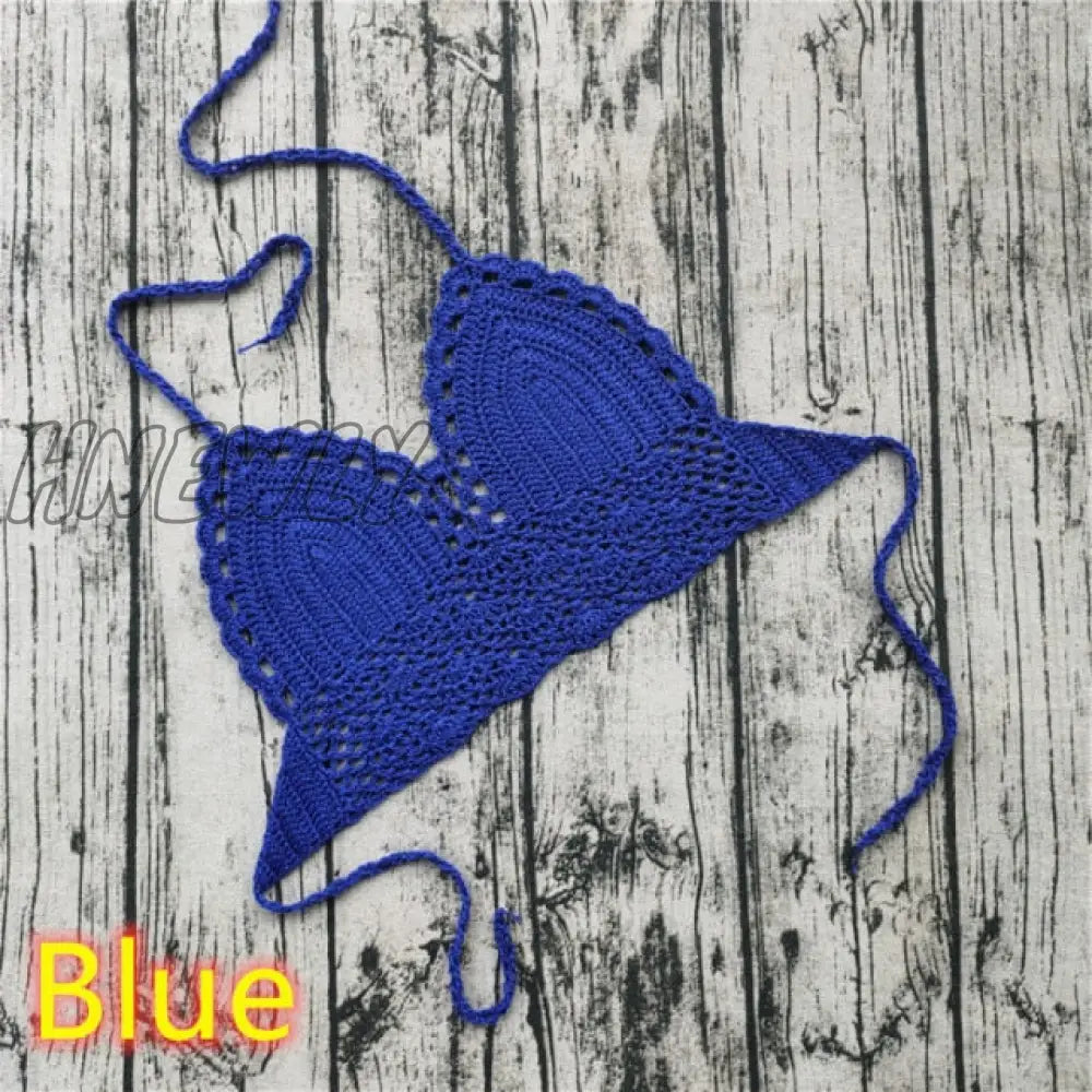 Handmade Crochet Lace Knit Bra Boho Beach Bikini Cami Tank Crop Top Halter Blue / Xs