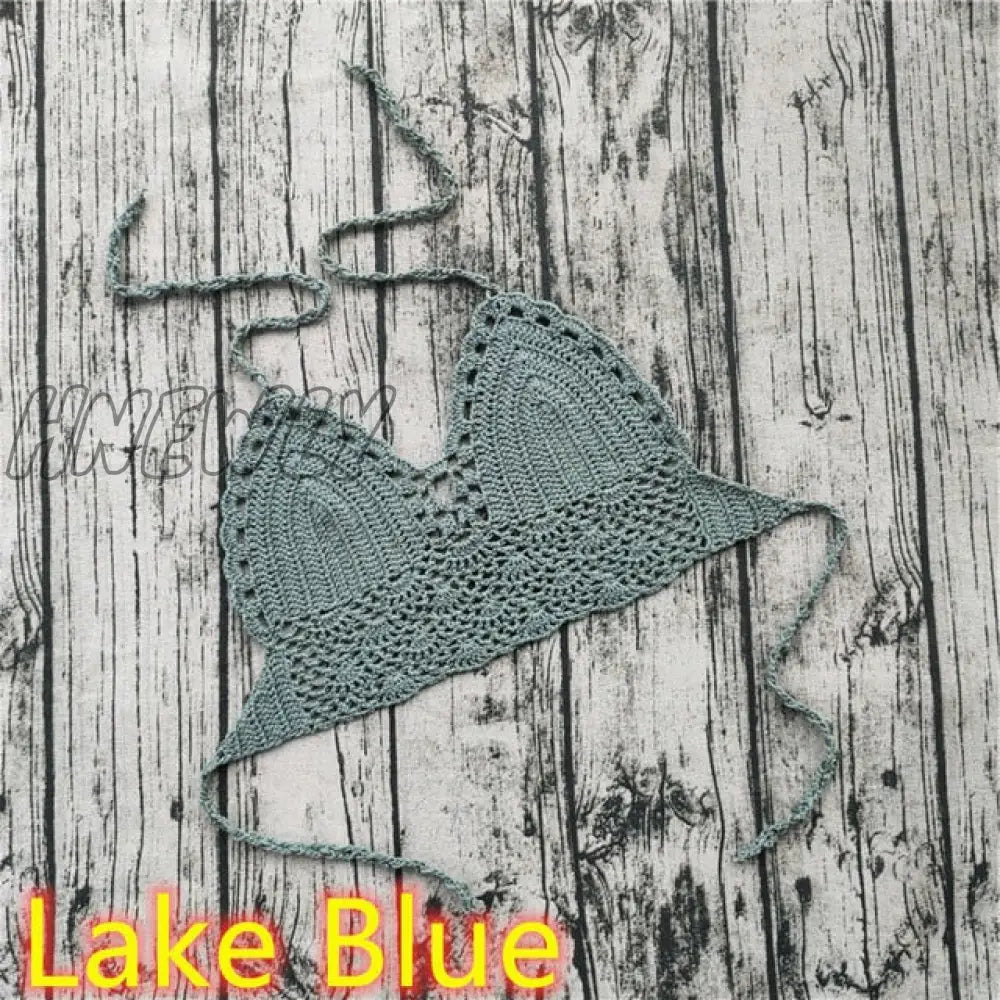 Handmade Crochet Lace Knit Bra Boho Beach Bikini Cami Tank Crop Top Halter Lake Blue / S