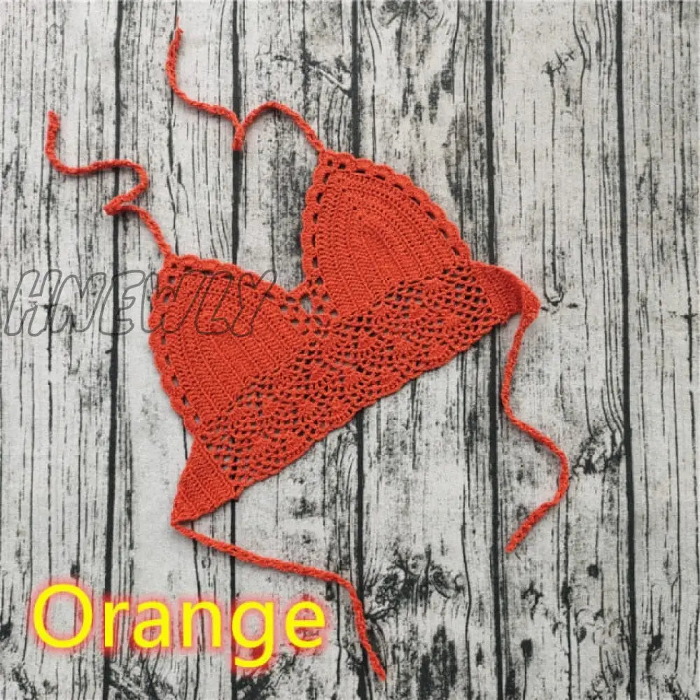 Handmade Crochet Lace Knit Bra Boho Beach Bikini Cami Tank Crop Top Halter Orange / L