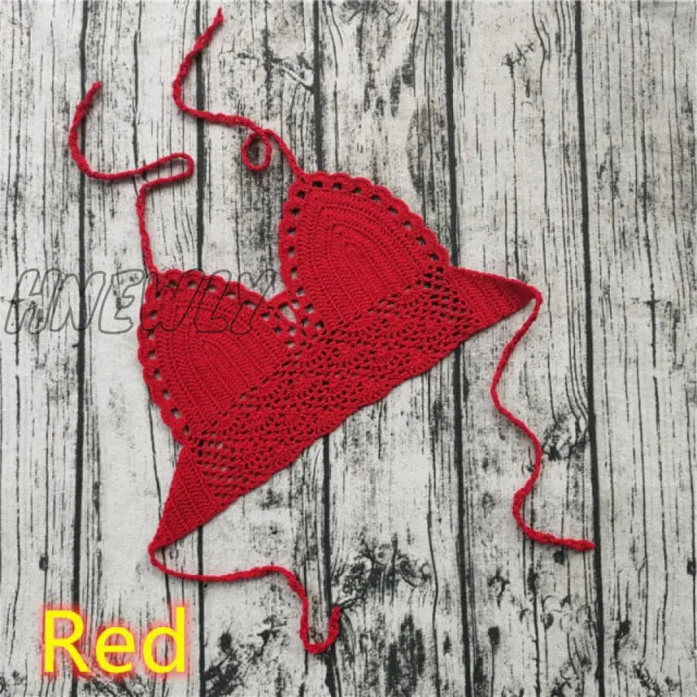 Handmade Crochet Lace Knit Bra Boho Beach Bikini Cami Tank Crop Top Halter Red / Xl