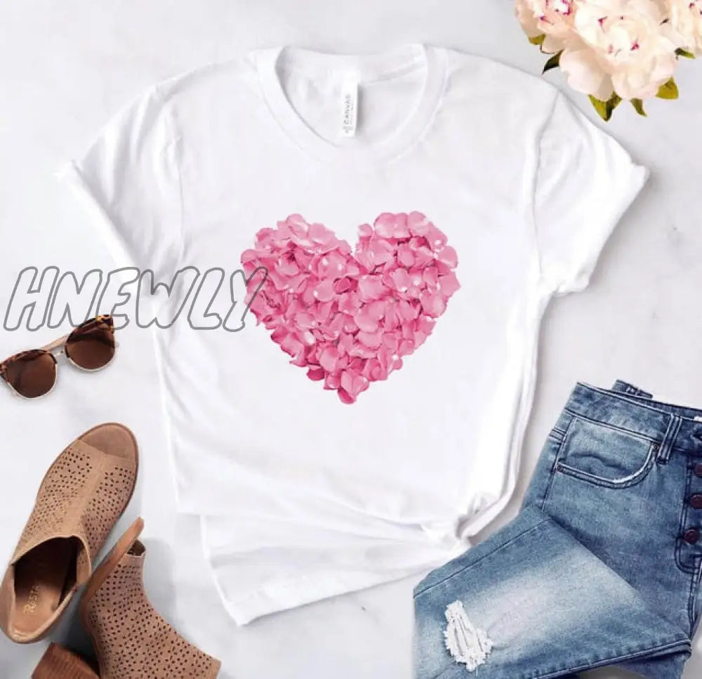 Heart Flower Print Ladies T - Shirt Casual Basis O - Collar White Shirt Short Sleeve Love Graphic