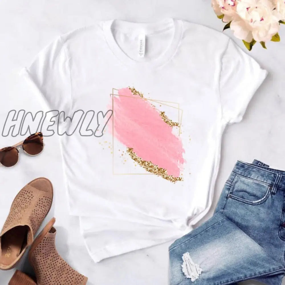 Heart Flower Print Ladies T - Shirt Casual Basis O - Collar White Shirt Short Sleeve Love Graphic