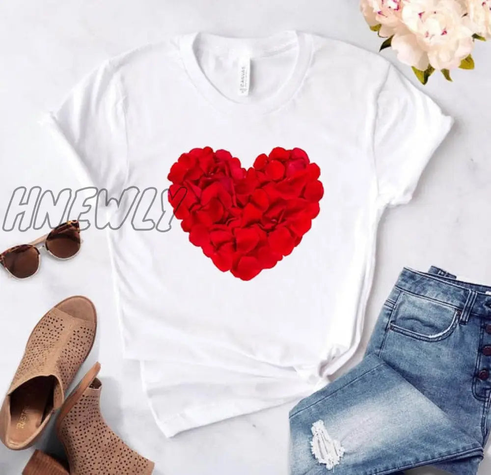 Heart Flower Print Ladies T - Shirt Casual Basis O - Collar White Shirt Short Sleeve Love Graphic