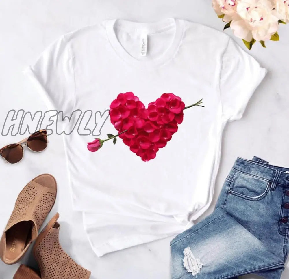 Heart Flower Print Ladies T - Shirt Casual Basis O - Collar White Shirt Short Sleeve Love Graphic