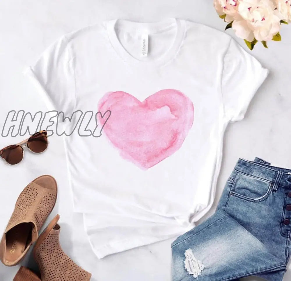 Heart Flower Print Ladies T - Shirt Casual Basis O - Collar White Shirt Short Sleeve Love Graphic