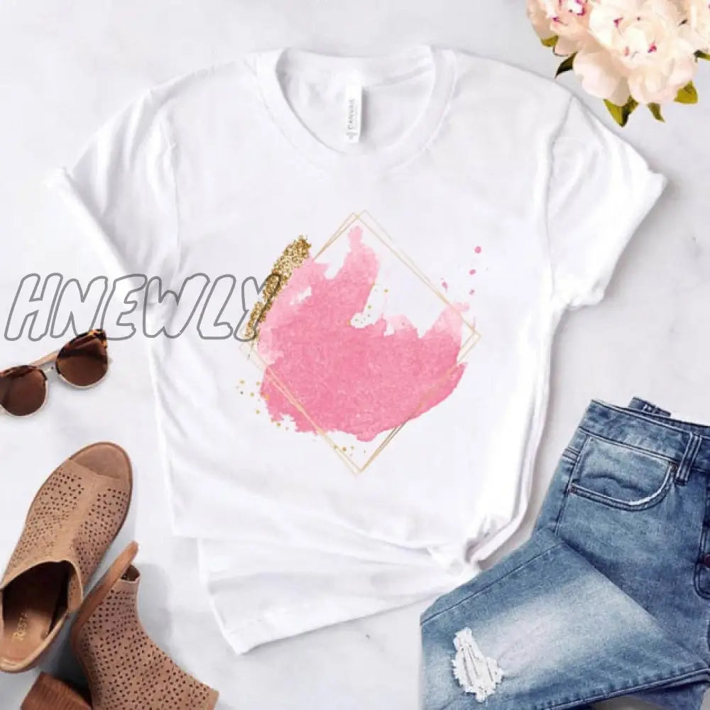 Heart Flower Print Ladies T - Shirt Casual Basis O - Collar White Shirt Short Sleeve Love Graphic