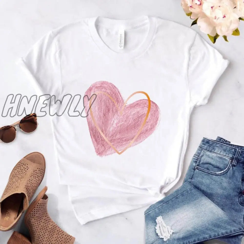 Heart Flower Print Ladies T - Shirt Casual Basis O - Collar White Shirt Short Sleeve Love Graphic