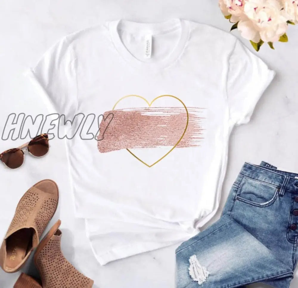 Heart Flower Print Ladies T - Shirt Casual Basis O - Collar White Shirt Short Sleeve Love Graphic