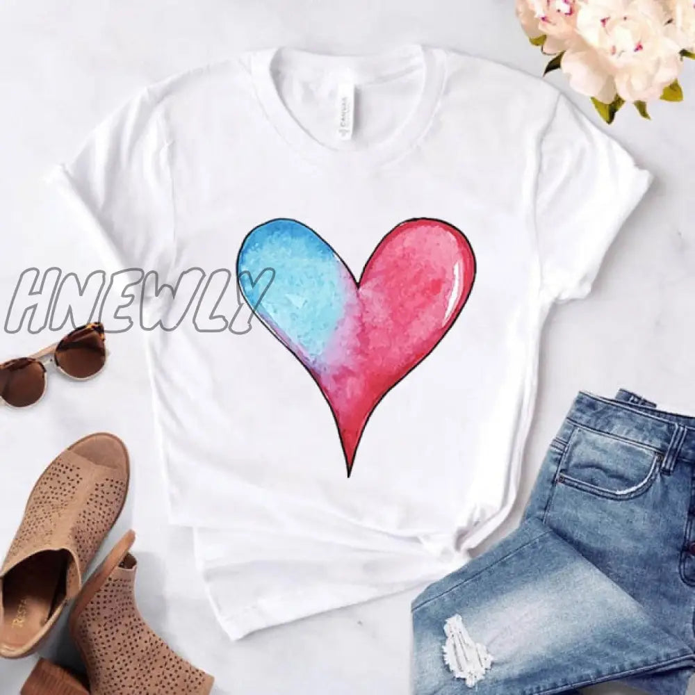 Heart Flower Print Ladies T - Shirt Casual Basis O - Collar White Shirt Short Sleeve Love Graphic