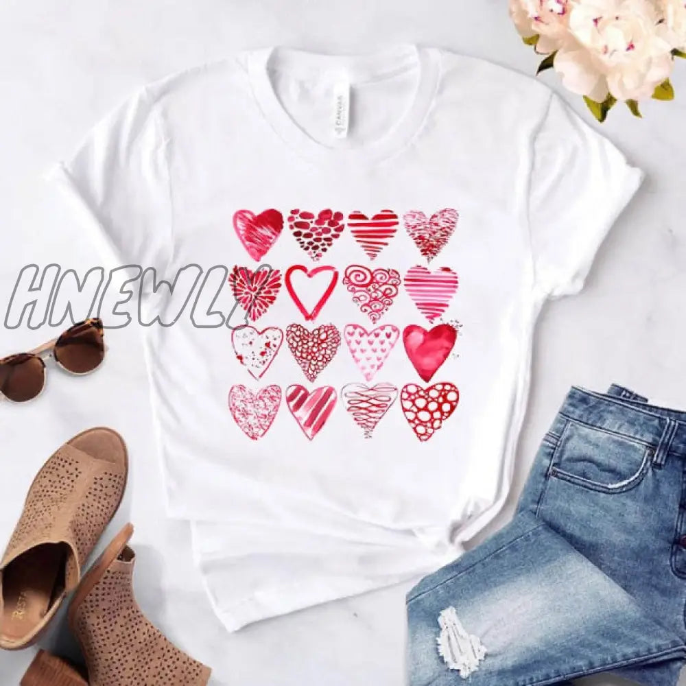 Heart Flower Print Ladies T - Shirt Casual Basis O - Collar White Shirt Short Sleeve Love Graphic