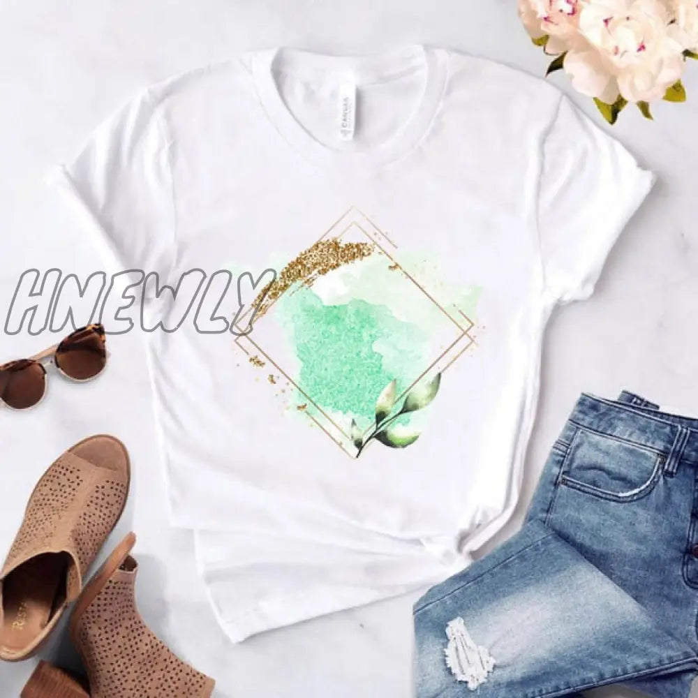 Heart Flower Print Ladies T - Shirt Casual Basis O - Collar White Shirt Short Sleeve Love Graphic