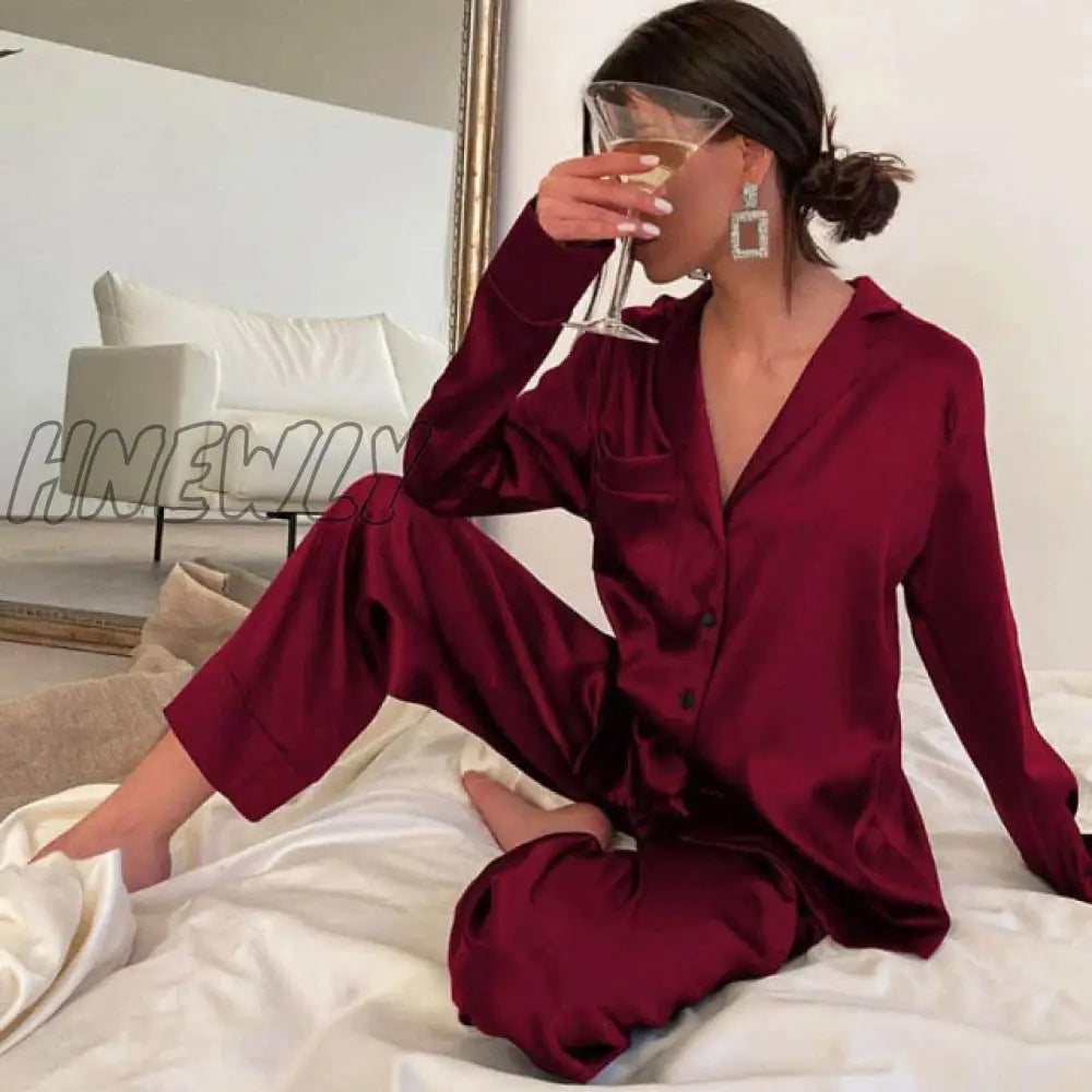 Hechan Blue Women Pajamas Turndown Collar Pocket Long Sleeve Casual Pants 2 Piece Set Sleepwear