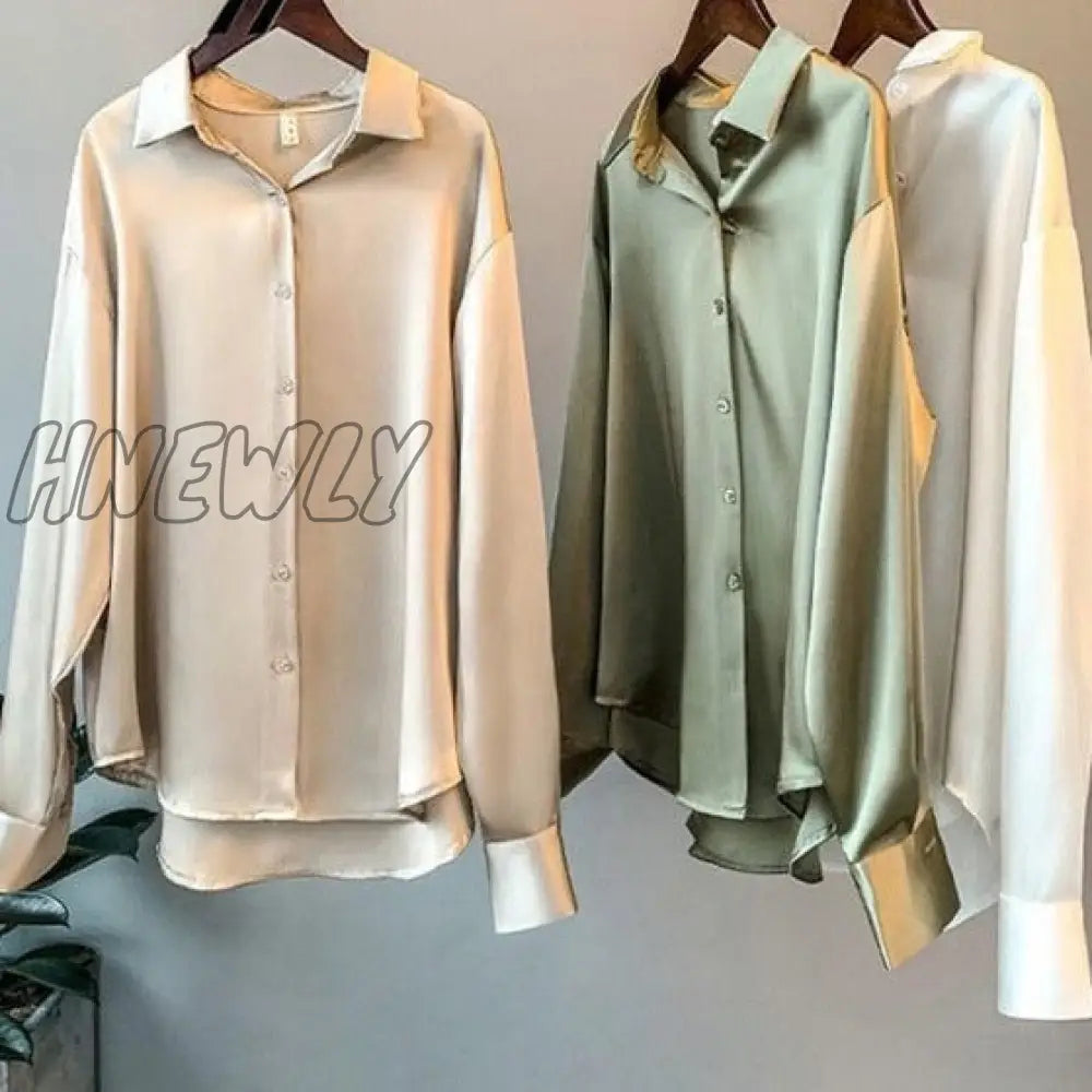 High Quality Elegant Imitation Silk Blouse Spring Women Fashion Long Sleeves Satin Vintage Femme