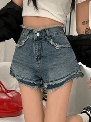 pantsparadises - High Waist Frayed Denim Shorts pantsparadises