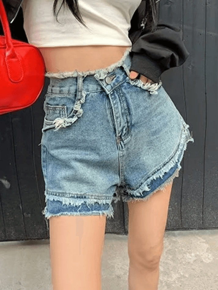 pantsparadises - High Waist Frayed Denim Shorts pantsparadises