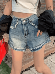 pantsparadises - High Waist Frayed Denim Shorts pantsparadises