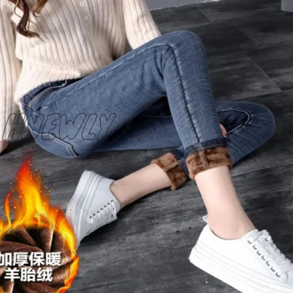 High Waist Velvet Thick Jeans Female Winter Skinny Stretch Womens Warm Womanpants Mom Black Denim