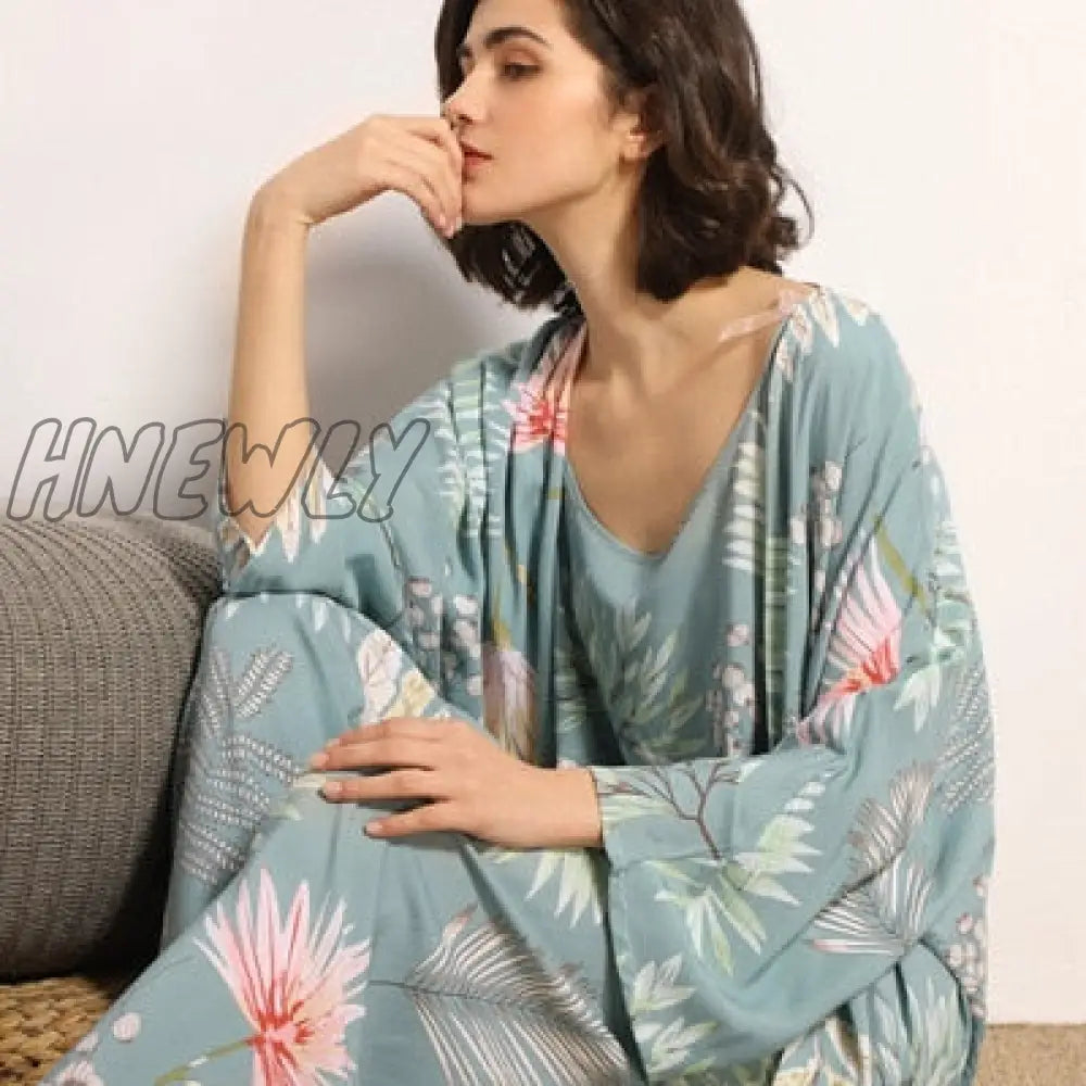 July‘s Song 3 Pcs Women Pajamas Set Viscose Floral Printed Female Pyjama Loose Sleepwear