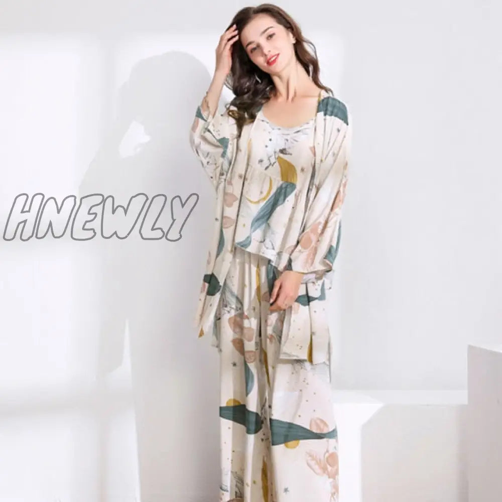 July‘s Song 3 Pcs Women Pajamas Set Viscose Floral Printed Female Pyjama Loose Sleepwear