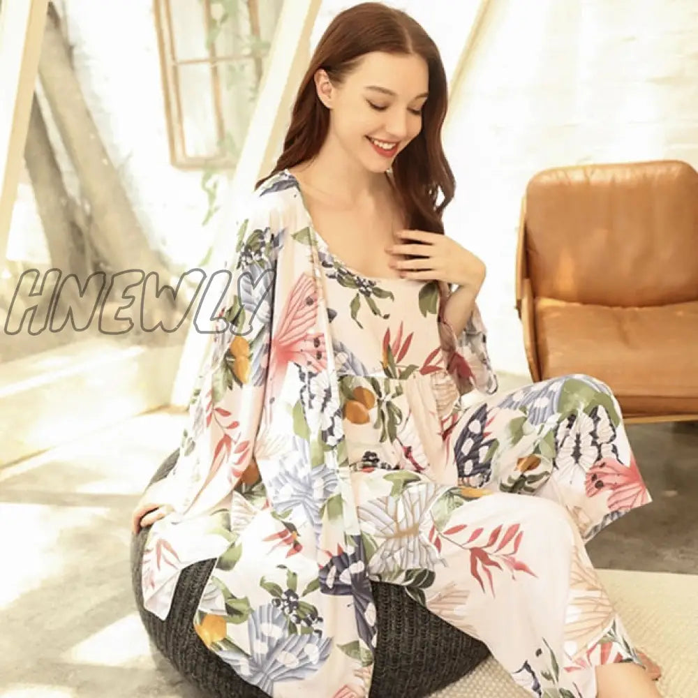 July‘s Song 3 Pcs Women Pajamas Set Viscose Floral Printed Female Pyjama Loose Sleepwear