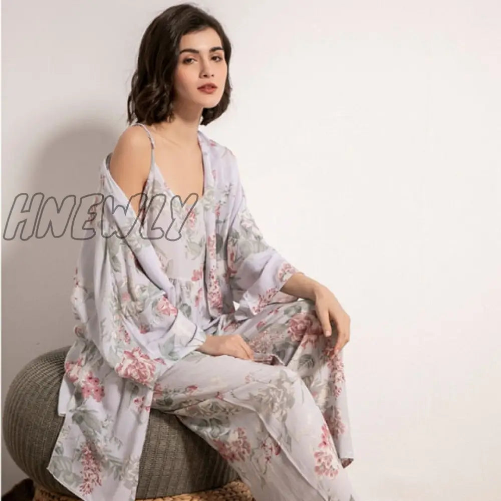 July‘s Song 3 Pcs Women Pajamas Set Viscose Floral Printed Female Pyjama Loose Sleepwear