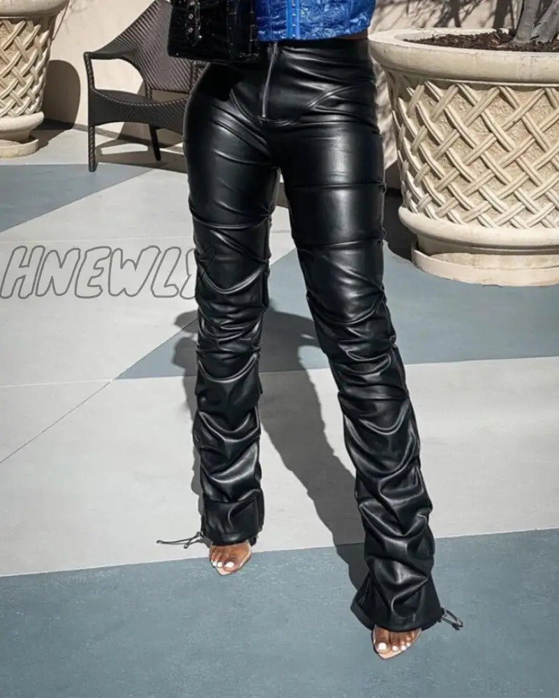 Jusahy Faux Pu Leather Pleated High Waist Black Stacked Pant Women Slim Hipster Street Style Long