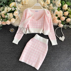 Korean Sweet Knit Plaid Cardigans + Camisole Skirts 3Pcs Sets Girls Short Sweater Coat Vest Mini