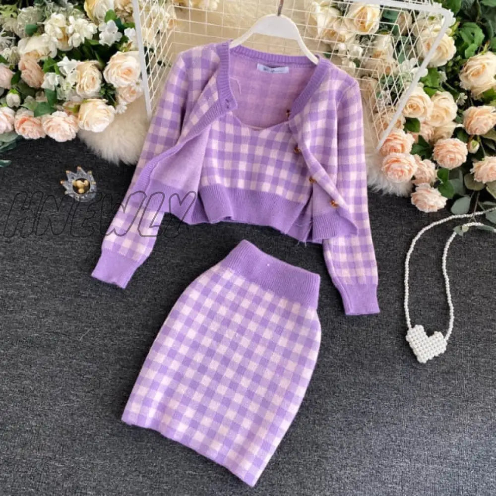 Korean Sweet Knit Plaid Cardigans + Camisole Skirts 3Pcs Sets Girls Short Sweater Coat Vest Mini