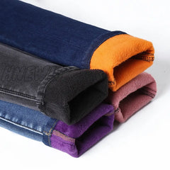 Large Size 26 - 40 Winter Women Colorful Plus Velvet High Waist Jeans Denim Trousers Stretch Warm