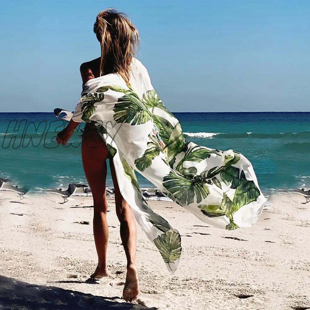 Leaves Print Bikini Beach Cover Up Tunics For Long Kaftan Robe De Plage Sarong Swimsuit Cover - Ups