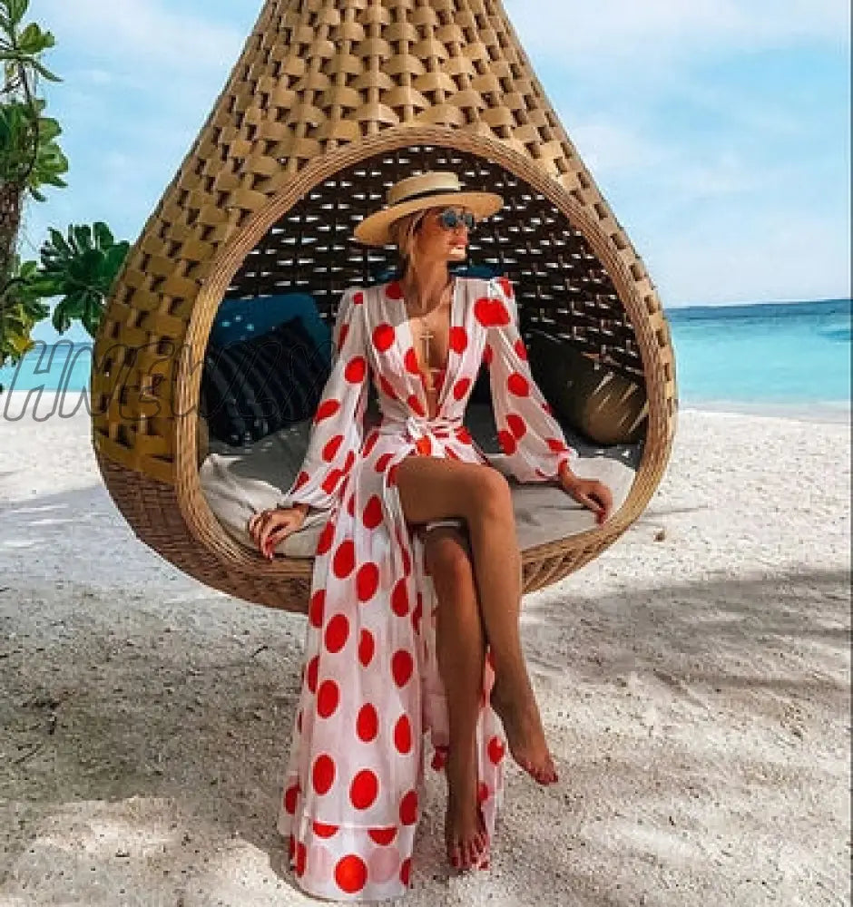 Leaves Print Bikini Beach Cover Up Tunics For Long Kaftan Robe De Plage Sarong Swimsuit Cover - Ups