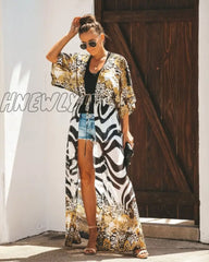 Leaves Print Bikini Beach Cover Up Tunics For Long Kaftan Robe De Plage Sarong Swimsuit Cover - Ups