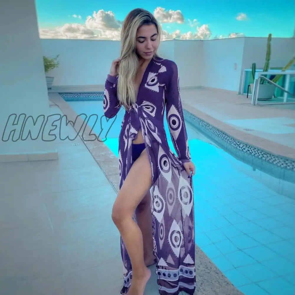 Leaves Print Bikini Beach Cover Up Tunics For Long Kaftan Robe De Plage Sarong Swimsuit Cover - Ups