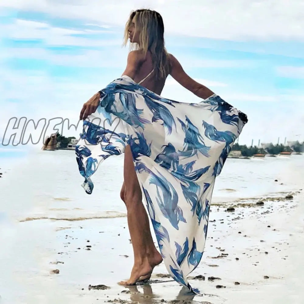 Leaves Print Bikini Beach Cover Up Tunics For Long Kaftan Robe De Plage Sarong Swimsuit Cover - Ups