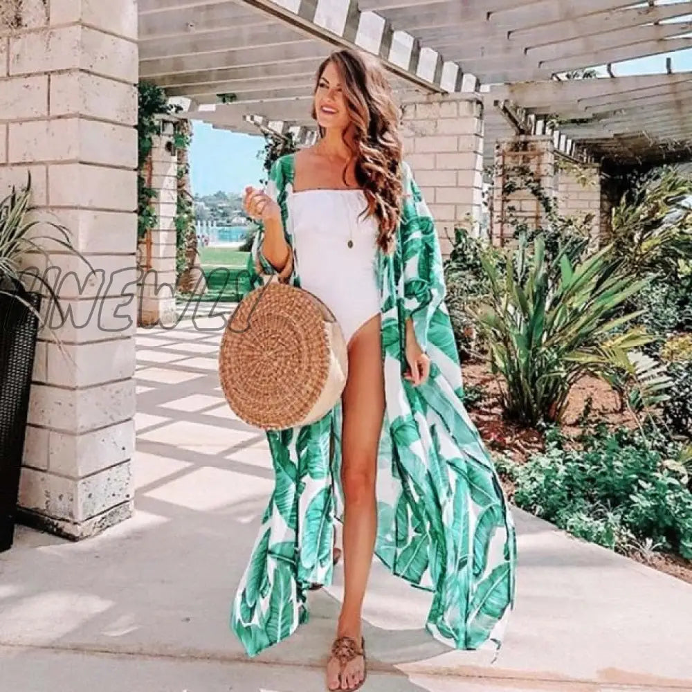 Leaves Print Bikini Beach Cover Up Tunics For Long Kaftan Robe De Plage Sarong Swimsuit Cover - Ups