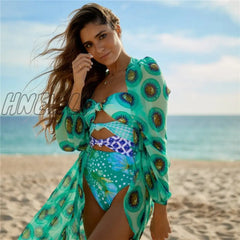 Leaves Print Swimsuit Beach Cover Up Tunics For Long Kaftan Bikini Robe De Plage Sarong Cover - Ups