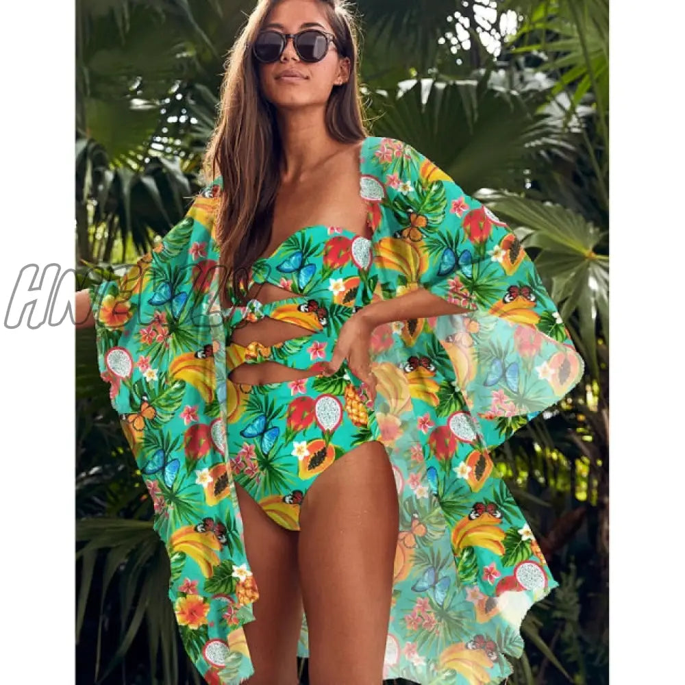 Leaves Print Swimsuit Beach Cover Up Tunics For Long Kaftan Bikini Robe De Plage Sarong Cover - Ups