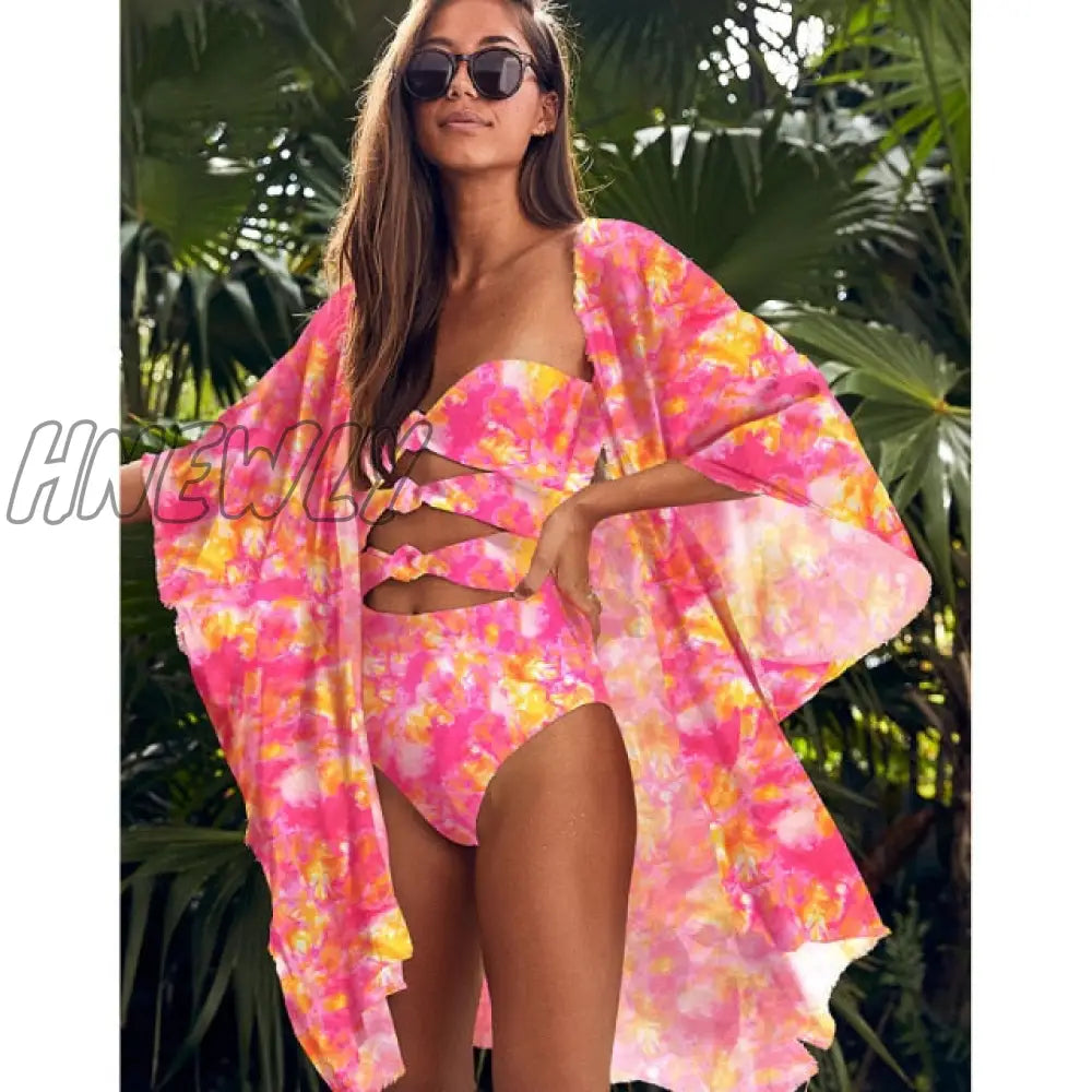 Leaves Print Swimsuit Beach Cover Up Tunics For Long Kaftan Bikini Robe De Plage Sarong Cover - Ups