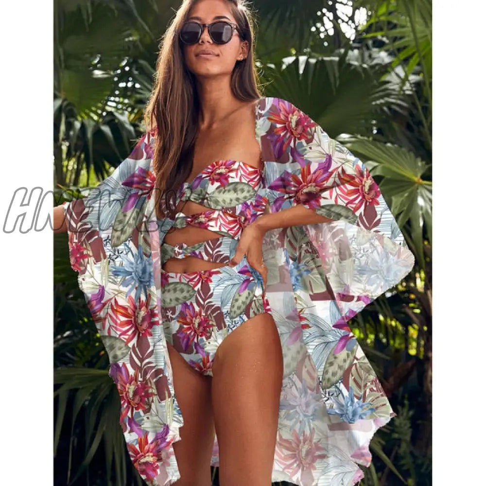 Leaves Print Swimsuit Beach Cover Up Tunics For Long Kaftan Bikini Robe De Plage Sarong Cover - Ups