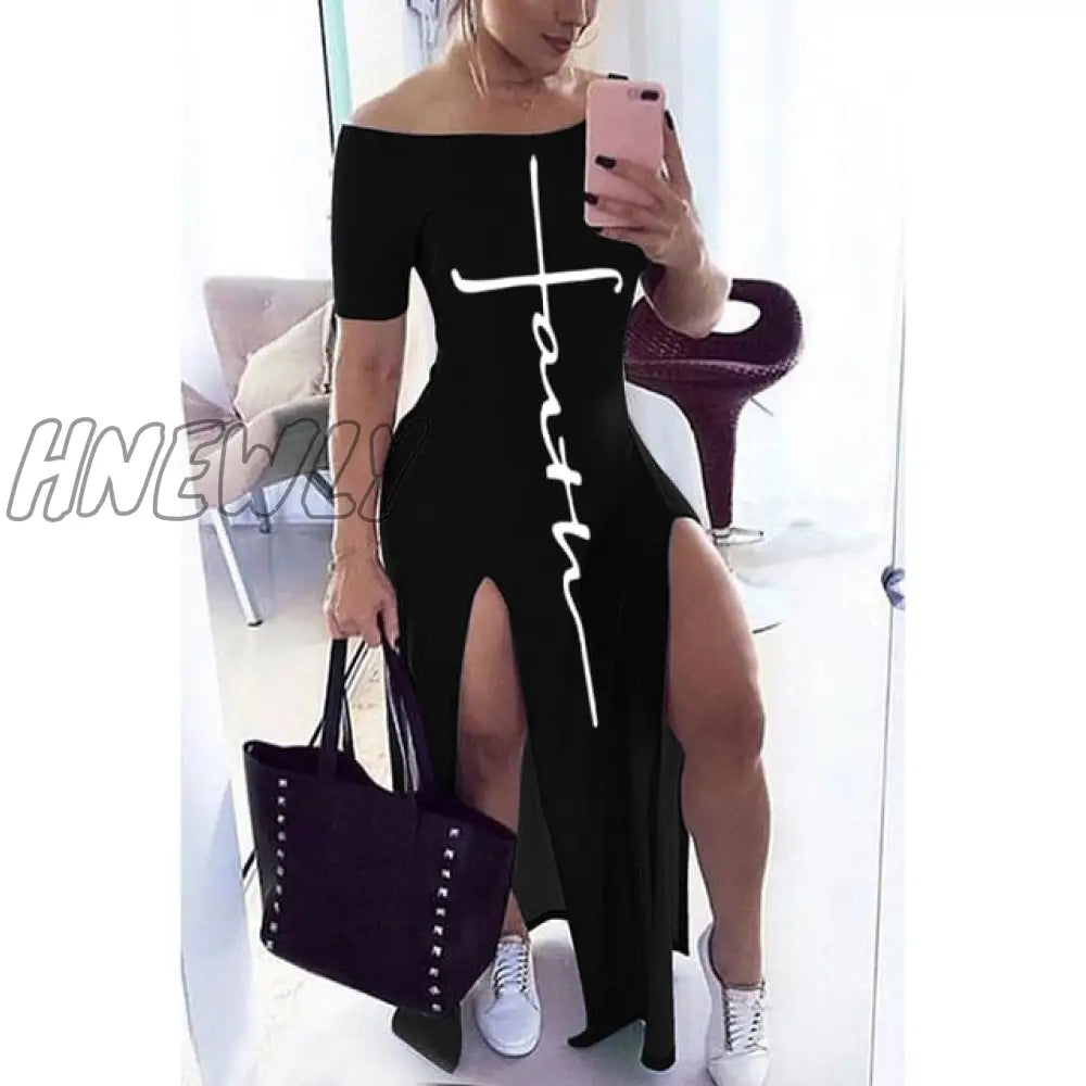 Letter Pattern Off Shoulder Split Maxi Dress Women Fall Winter Short Sleeve Sheath Casual Fashion