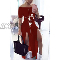 Letter Pattern Off Shoulder Split Maxi Dress Women Fall Winter Short Sleeve Sheath Casual Fashion