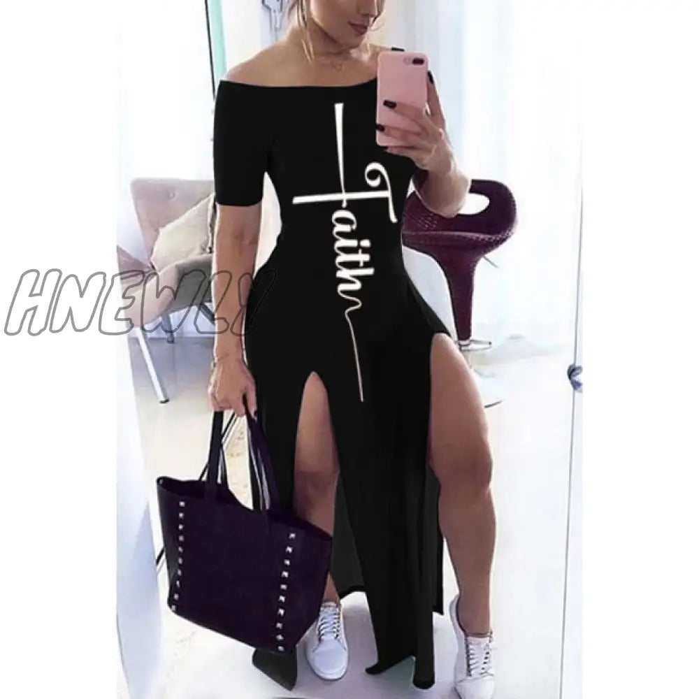 Letter Pattern Off Shoulder Split Maxi Dress Women Fall Winter Short Sleeve Sheath Casual Fashion