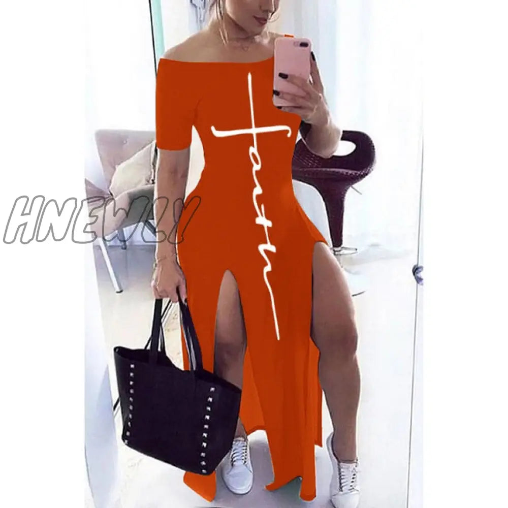 Letter Pattern Off Shoulder Split Maxi Dress Women Fall Winter Short Sleeve Sheath Casual Fashion