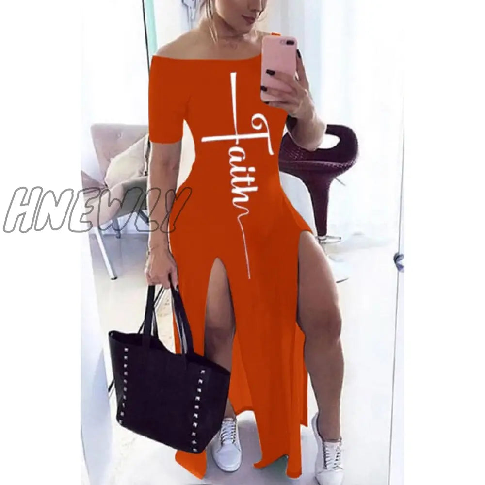 Letter Pattern Off Shoulder Split Maxi Dress Women Fall Winter Short Sleeve Sheath Casual Fashion