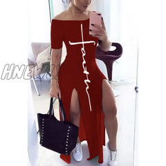 Letter Pattern Off Shoulder Split Maxi Dress Women Fall Winter Short Sleeve Sheath Casual Fashion