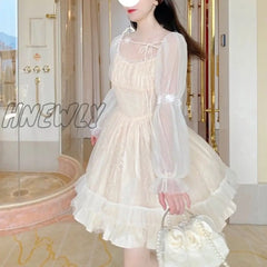 Lolita Kawaii Dress Women Casual Long Sleeve Vintage Y2K Mini Female Japanese Style One Piece