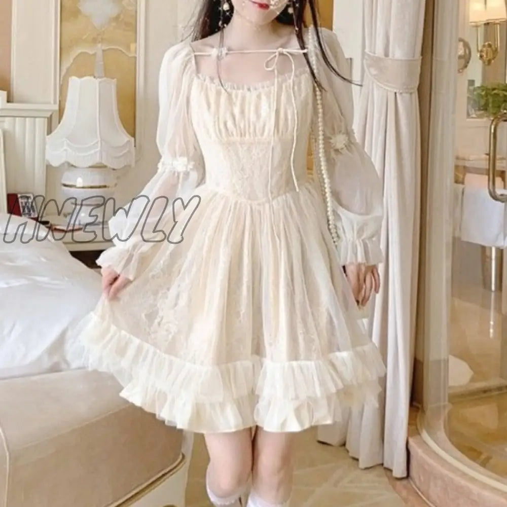 Lolita Kawaii Dress Women Casual Long Sleeve Vintage Y2K Mini Female Japanese Style One Piece