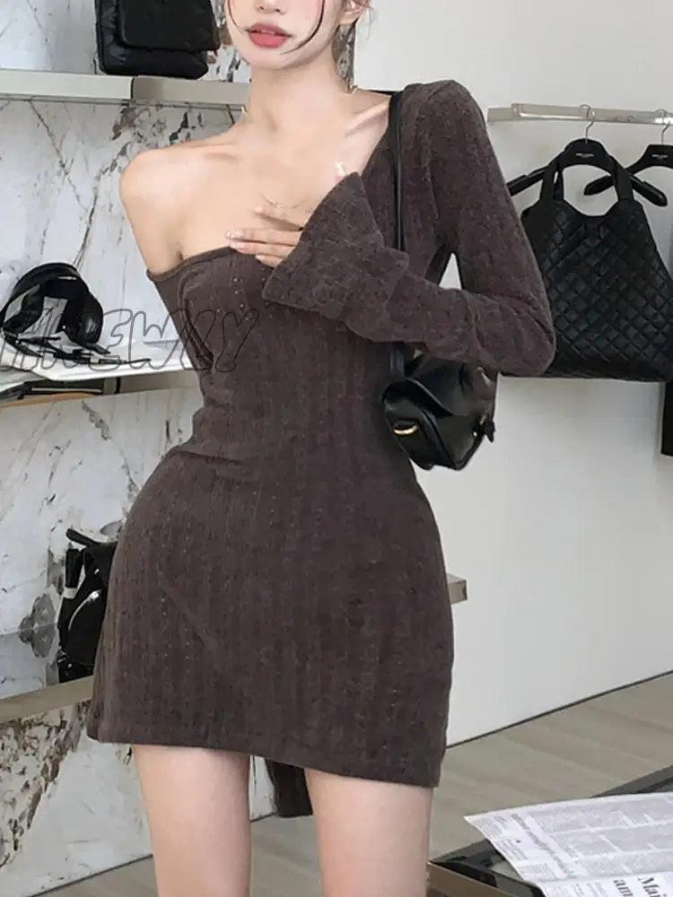 Long Sleeve Knitted Dress Women Elegant Bodycon Mini Sexy Pure Color Short Party Korean Fashion