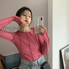 Long Sleeve T - Shirts Women Spring Solid O - Neck Elegant Bright Line Decoration Slim Casual Soft